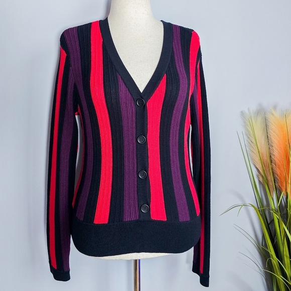 CAbi Royal Colorblock Striped Button Front Rib Knit Pullover Sweater SZ Medium - Picture 4 of 15